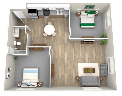 Floor plan for 2 beds, 1 bath, 770 sqft